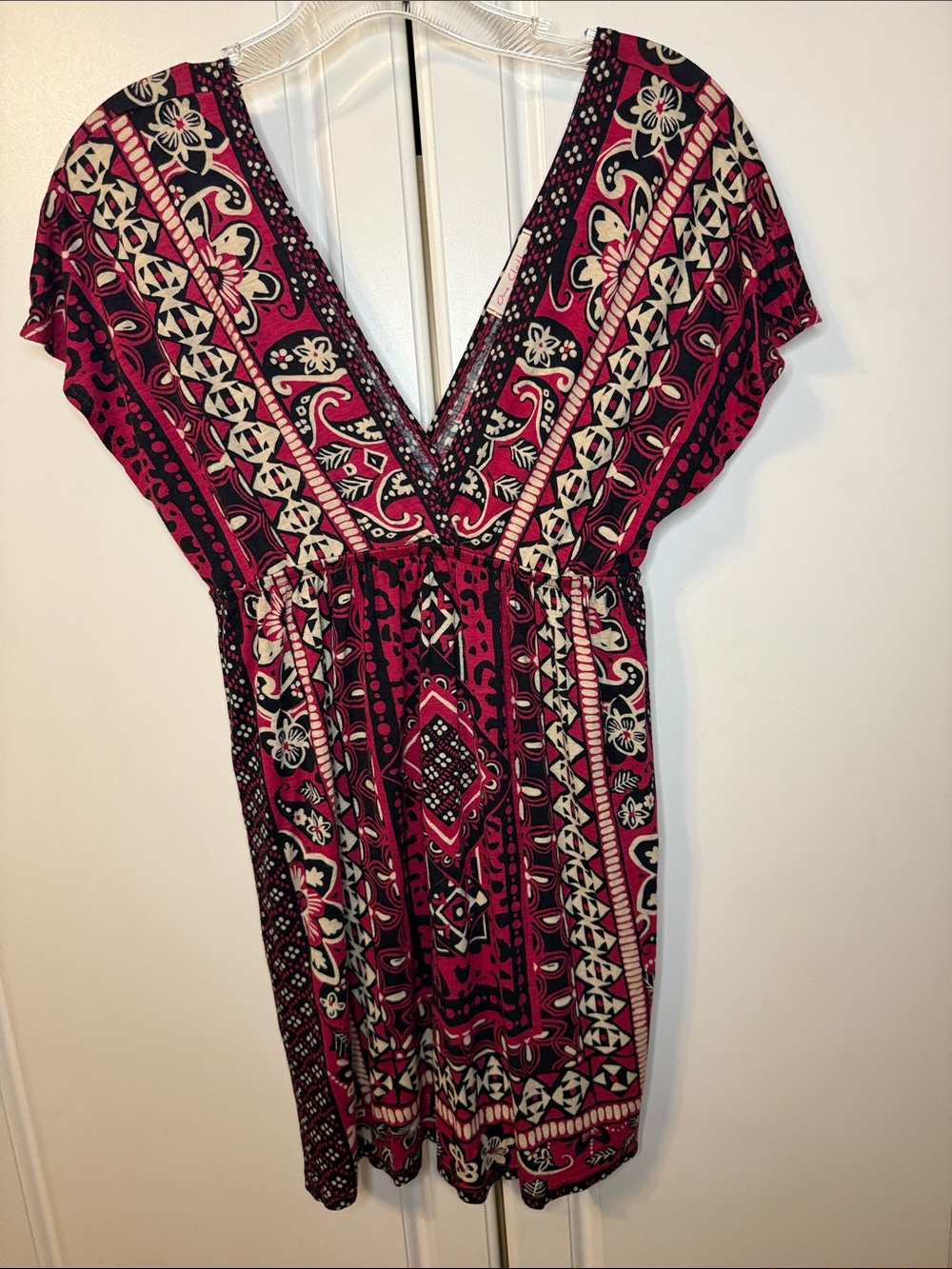 On Clothing Pink & Black Boho Empire Waist V  Neck Dress Mini | Size Medium